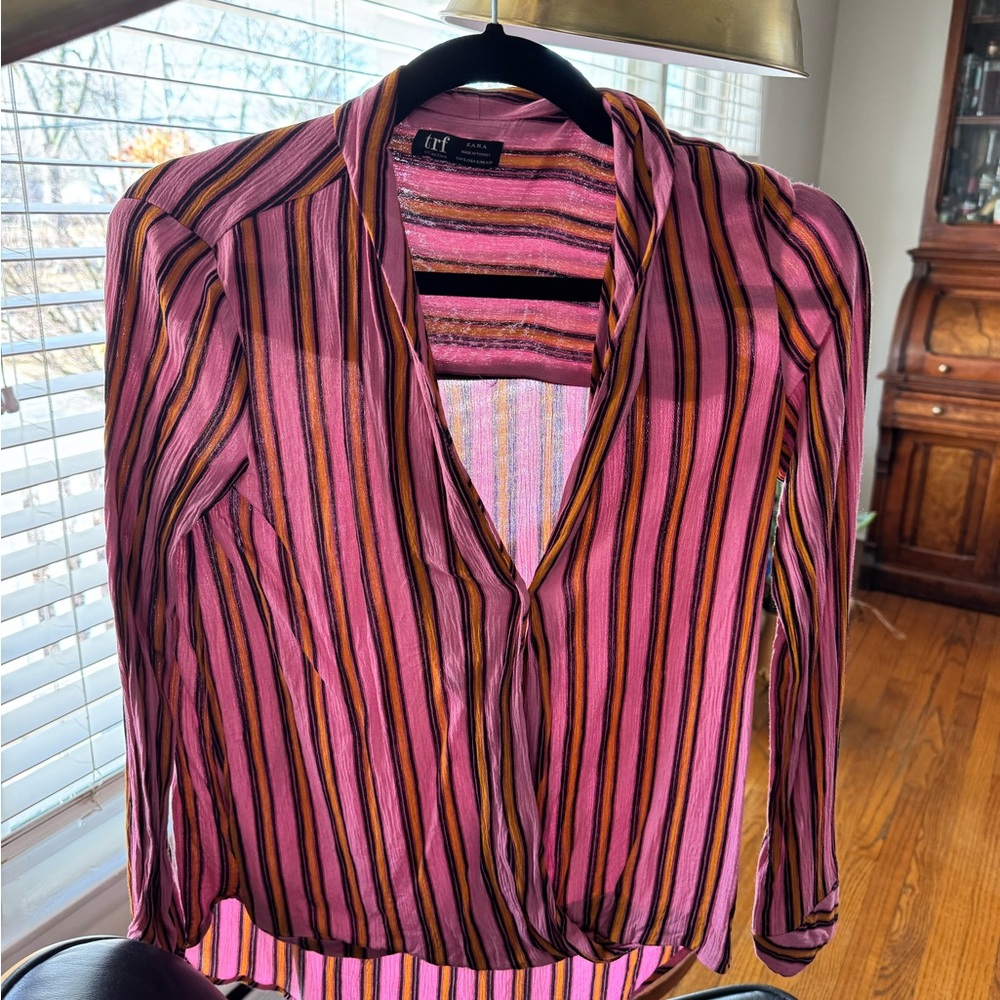 Zara Pink Puff Sleeve Wrap Blouse